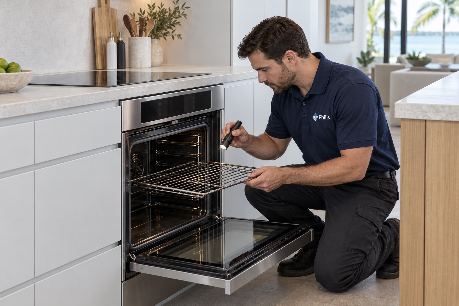 Technician inspecting an oven with a flashlight